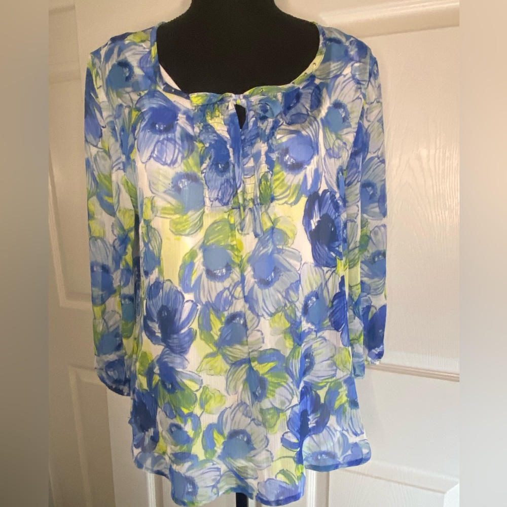 Hearts of Palm Blue Lime Floral Keyhole Blouse 3/4 Sleeve Size 6